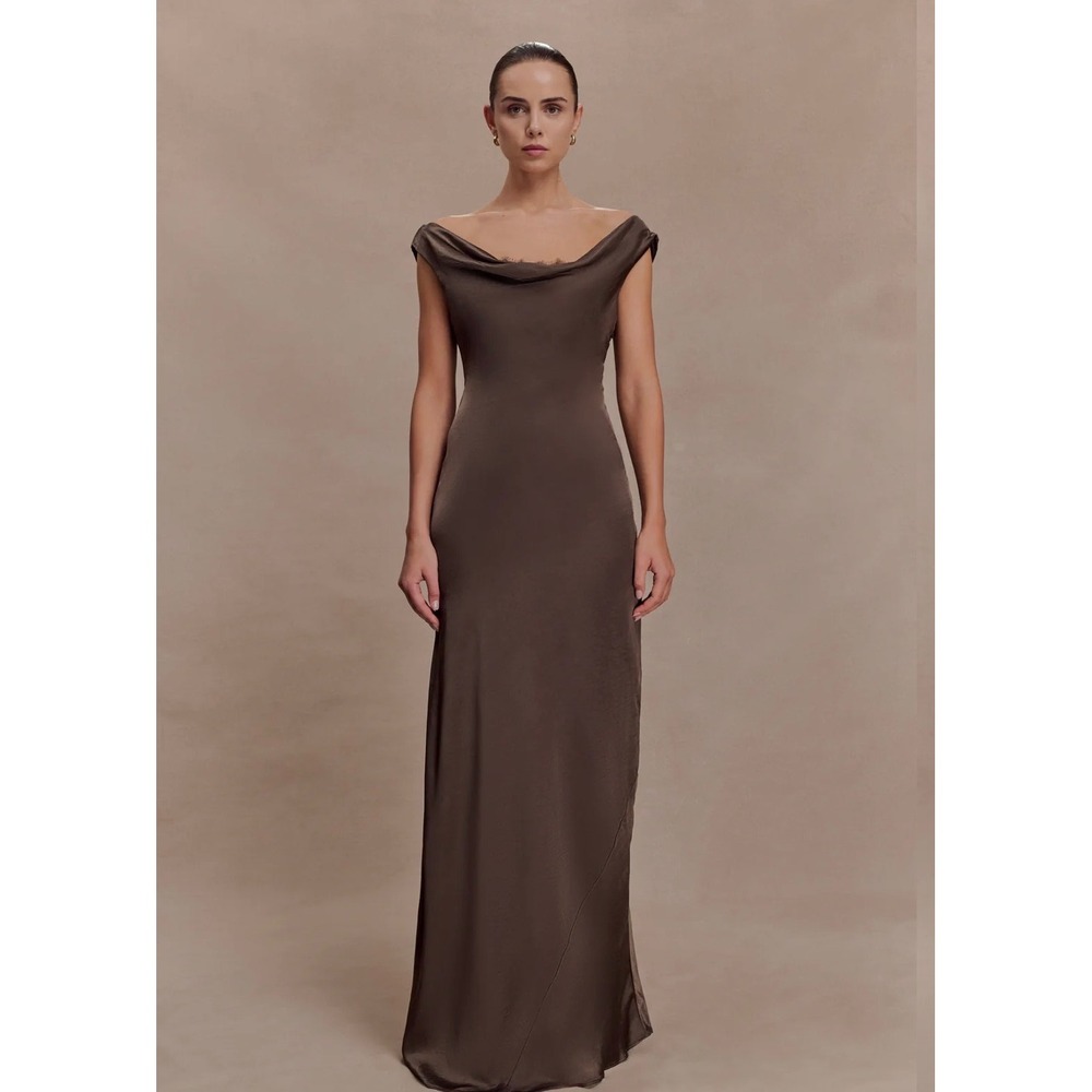 Meshki Ashley Cowl Neck Lace and Satin Maxi Dress Mocha XXS DR10926WD3